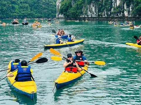 Dừng chèo kayak trên vịnh Lan Hạ